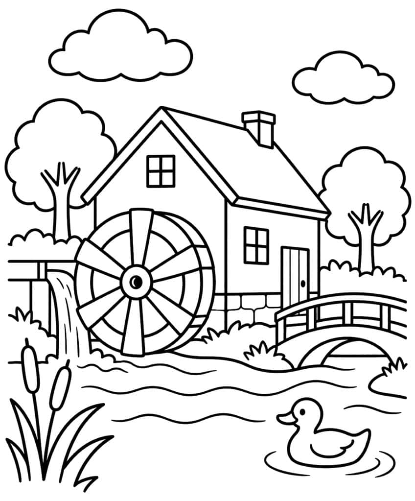 Coloring page of a watermill with waterwheel, stream, bridge, duck, and cattails