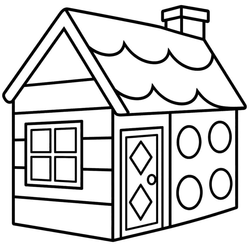 House with scalloped roof, chimney, diamond-paneled door, and four circles on the wall