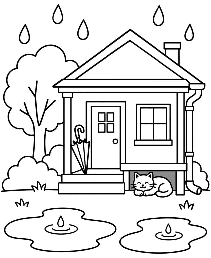 House with umbrella, sleeping cat, tree, raindrops and puddles