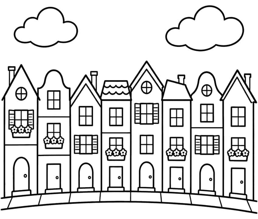 Row of eight narrow townhouses with windows, doors, and two clouds above