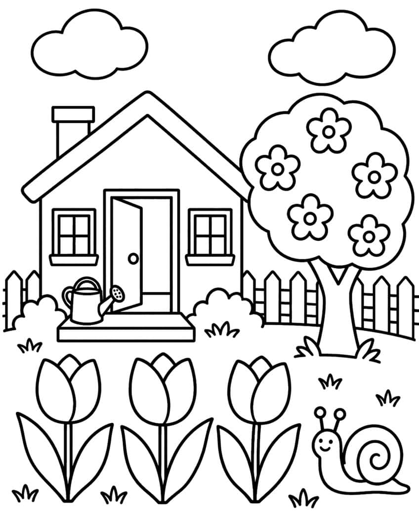 House with open door, blossom tree, picket fence, three tulips, watering can, and a snail