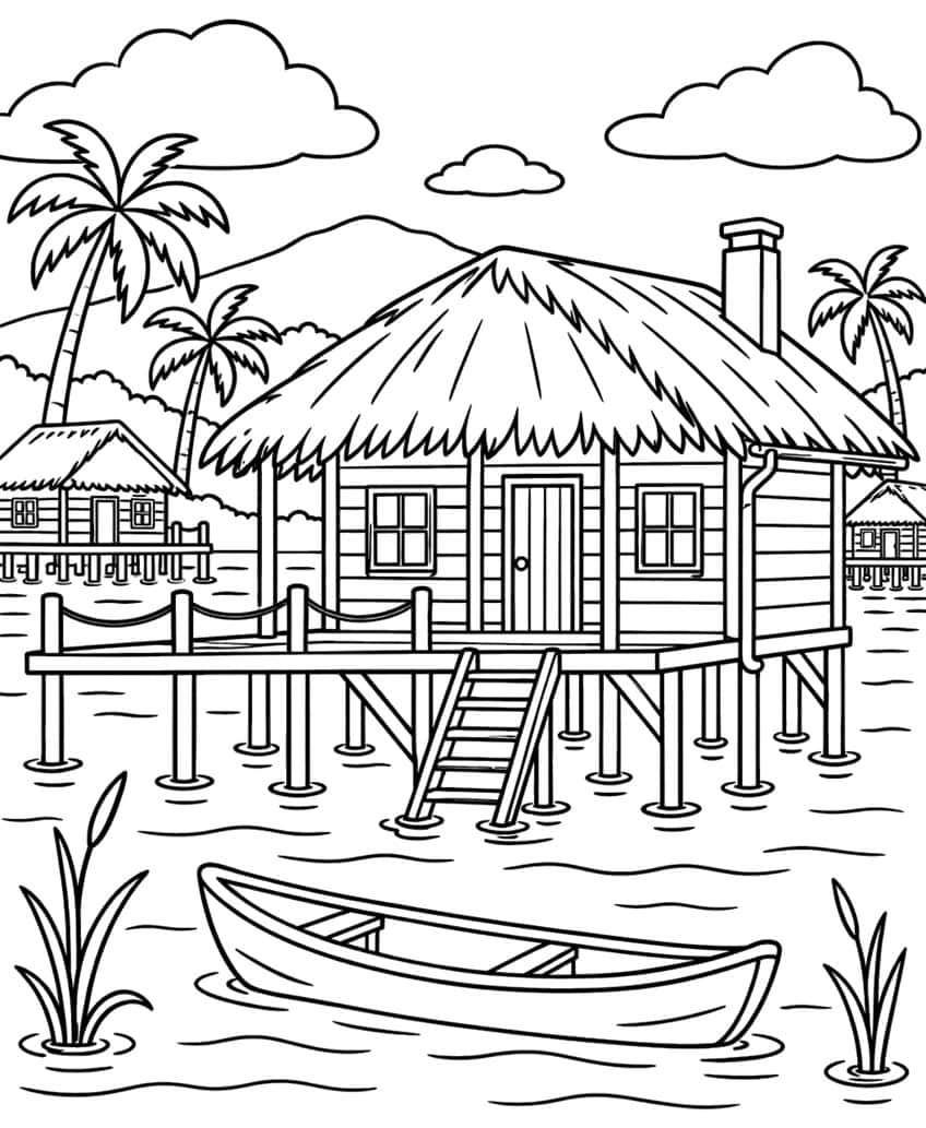 Thatched stilt house over water with palm trees, boat, and dock