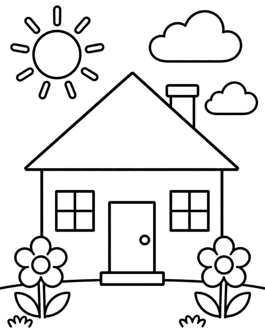 House with chimney, two flowers, sun and clouds coloring page