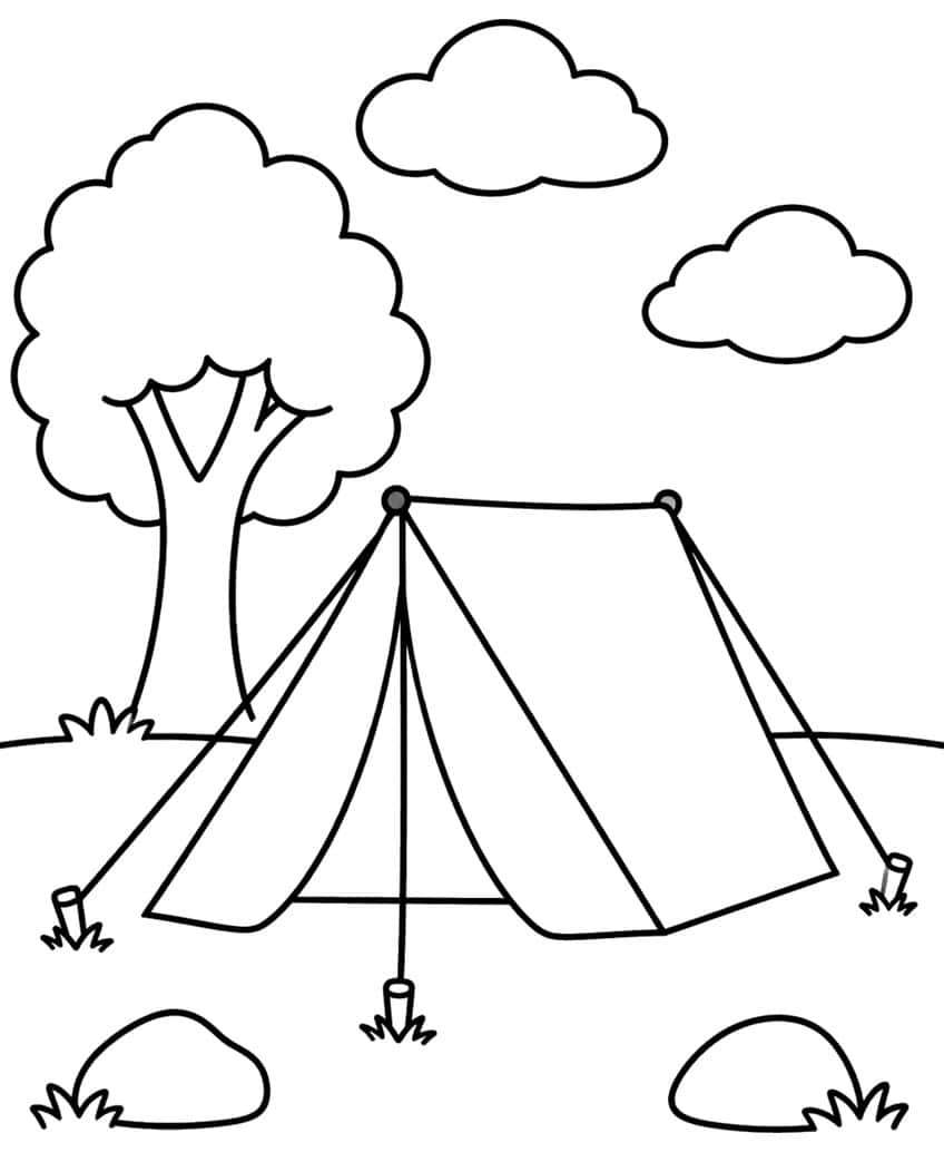 Ridge tent with guy lines, a big tree, clouds, and rocks
