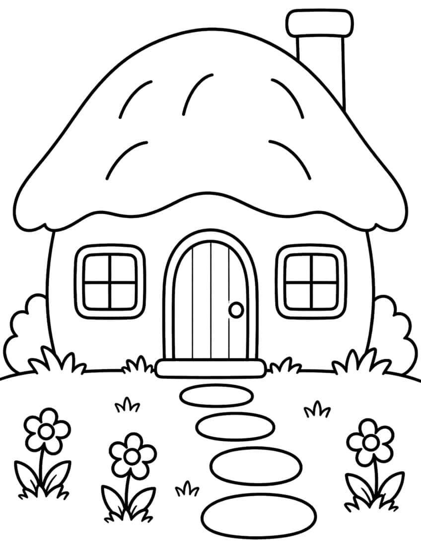Cottage with a rounded thatched roof, chimney, arched door, and a flower-lined stepping-stone path