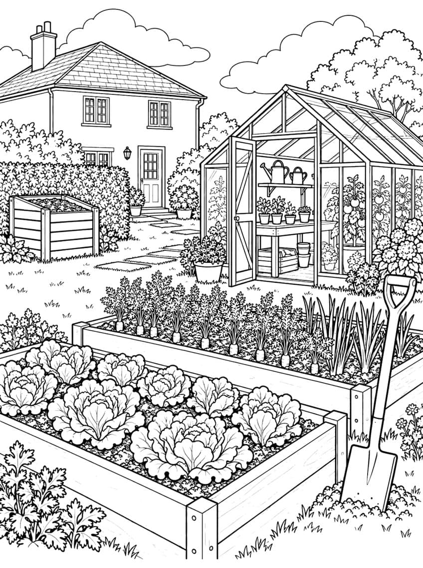House, greenhouse with tomatoes, raised beds of cabbage and carrots, shovel, compost bin