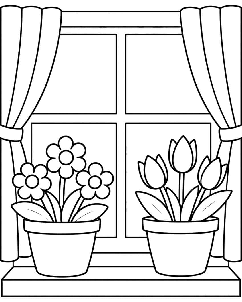 Window with curtains, four panes, and two potted flower arrangements