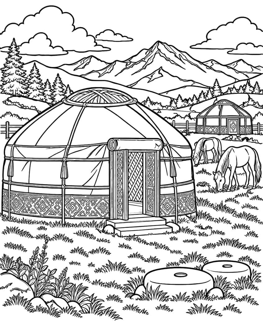 Yurt with patterned base, mountains, pine trees and two grazing horses