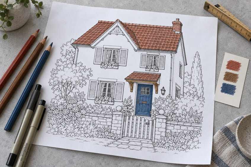house coloring page partly colored in with pencils
