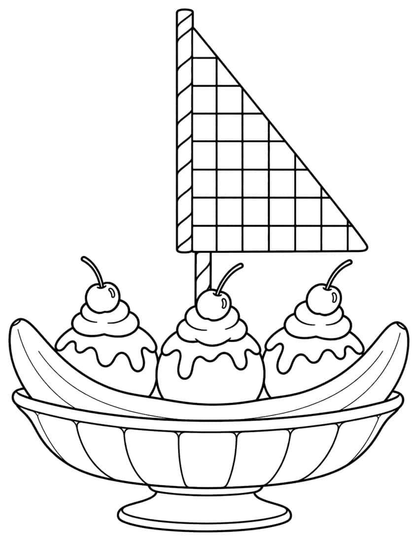 Banana split coloring page with three scoops, cherries and a wafer sail