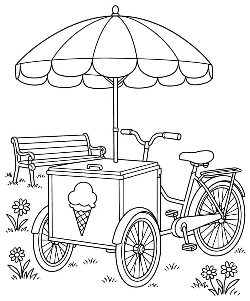 Coloring page of an ice cream bike cart under a parasol with a park bench