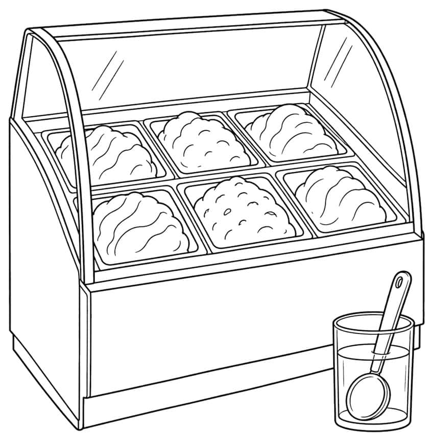 Coloring page of an ice cream display case with six tubs and a scoop in a jar
