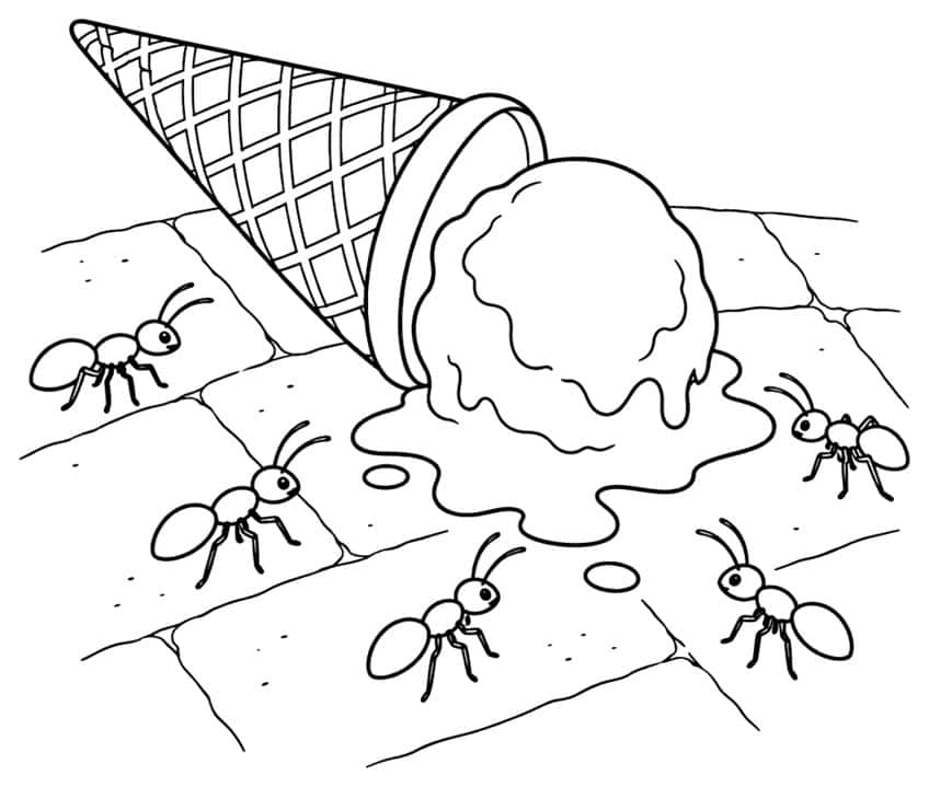 Coloring page of a dropped ice cream cone melting on pavement with five ants