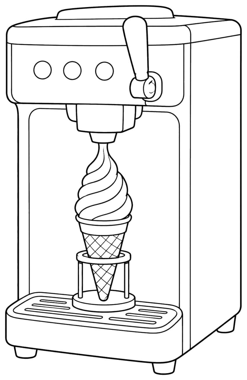 Coloring page of a soft serve machine dispensing a swirl into a waffle cone