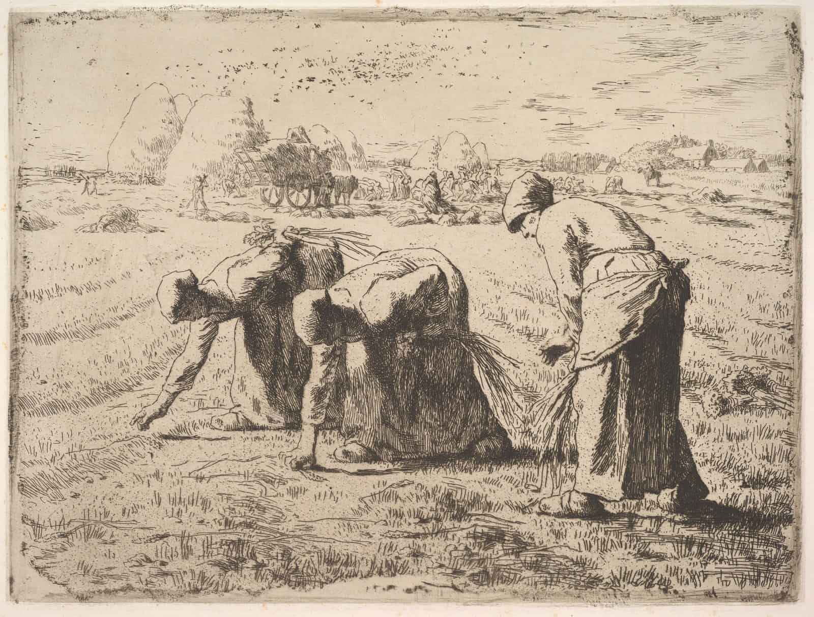 Millet's etching The Gleaners, made around 1855 to 1856 before the 1857 oil painting.