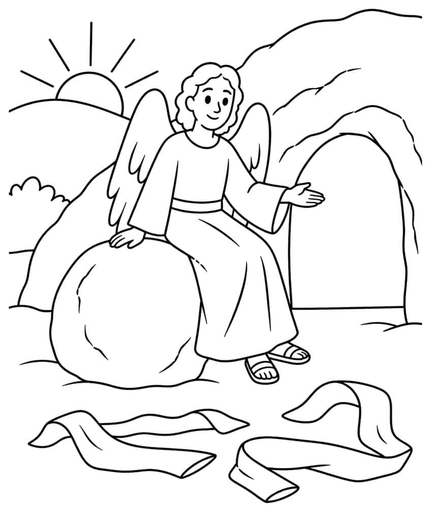 Smiling angel with wings sitting on a round stone beside an open tomb, linen cloths and rising sun