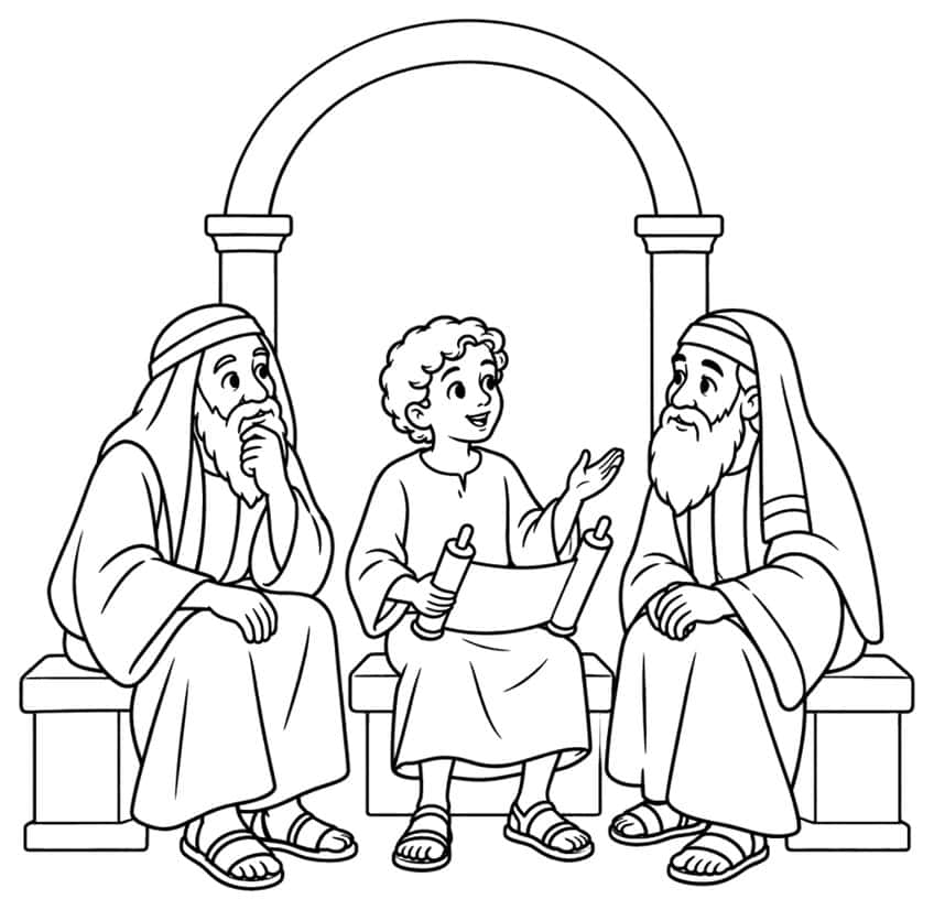 Boy with a scroll talking to two bearded elders on stone benches under an arch