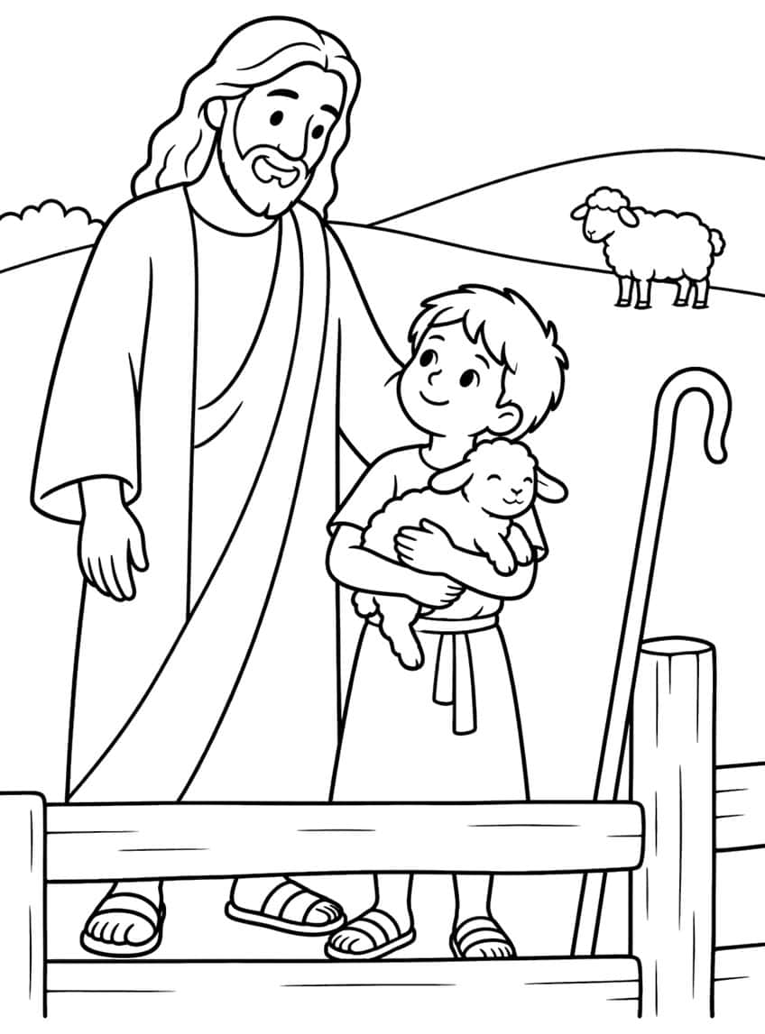 Jesus with his hand on a boy holding a lamb, beside a wooden fence, shepherd's staff and a sheep on a hill