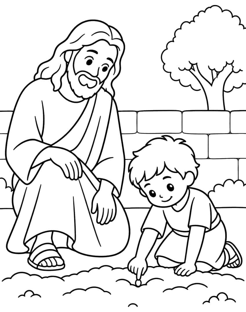 Jesus crouching beside a boy who plants a seed in soil, with a brick wall and tree behind