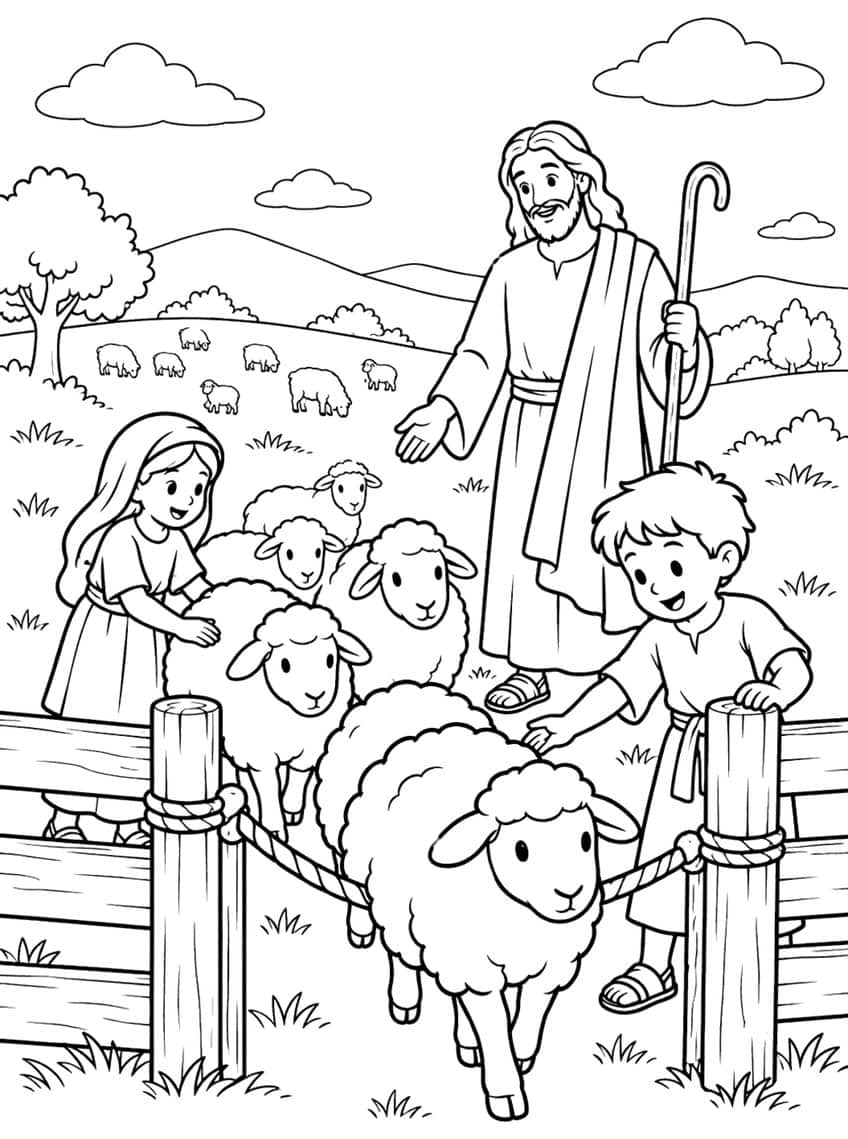 Jesus with a staff, a girl and a boy guiding sheep through a wooden fence gate, with hills and grazing sheep