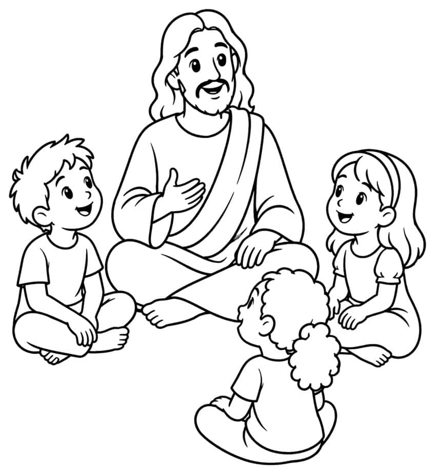 Jesus sitting cross-legged talking to a boy, a girl and a curly-haired child in a circle