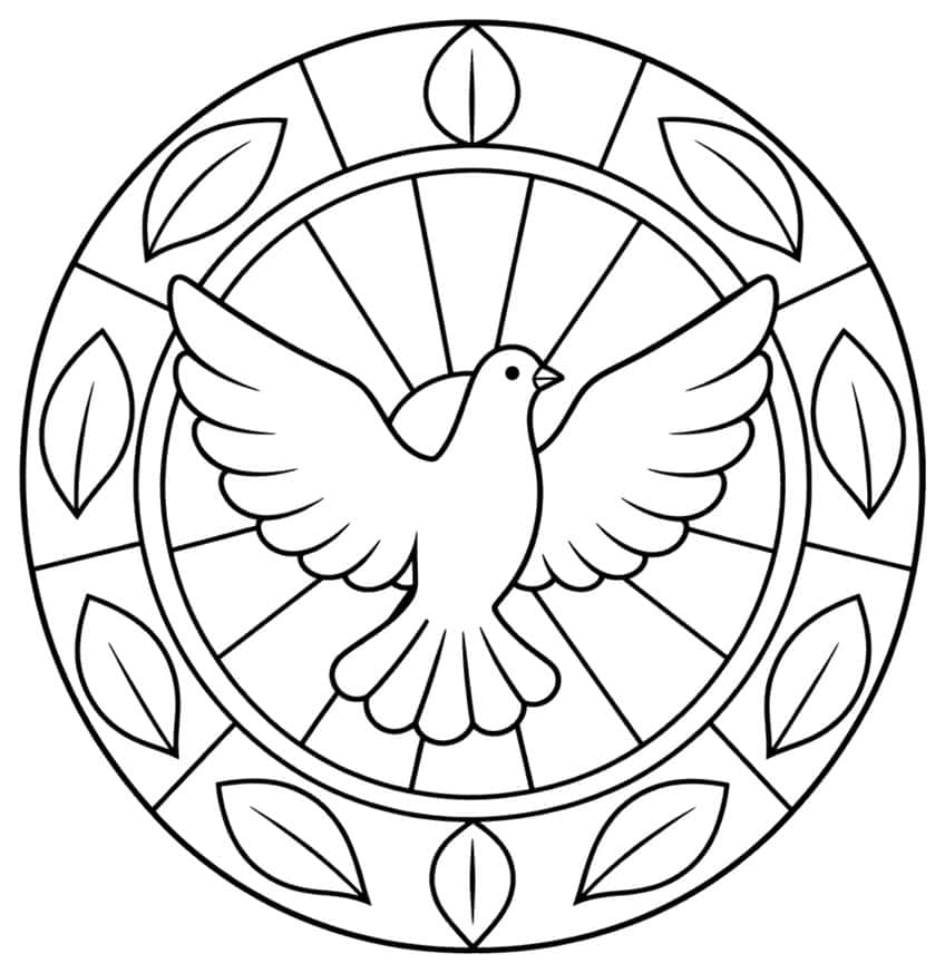 Circular mandala with a spread-winged dove, radiating lines and a ring of ten leaves