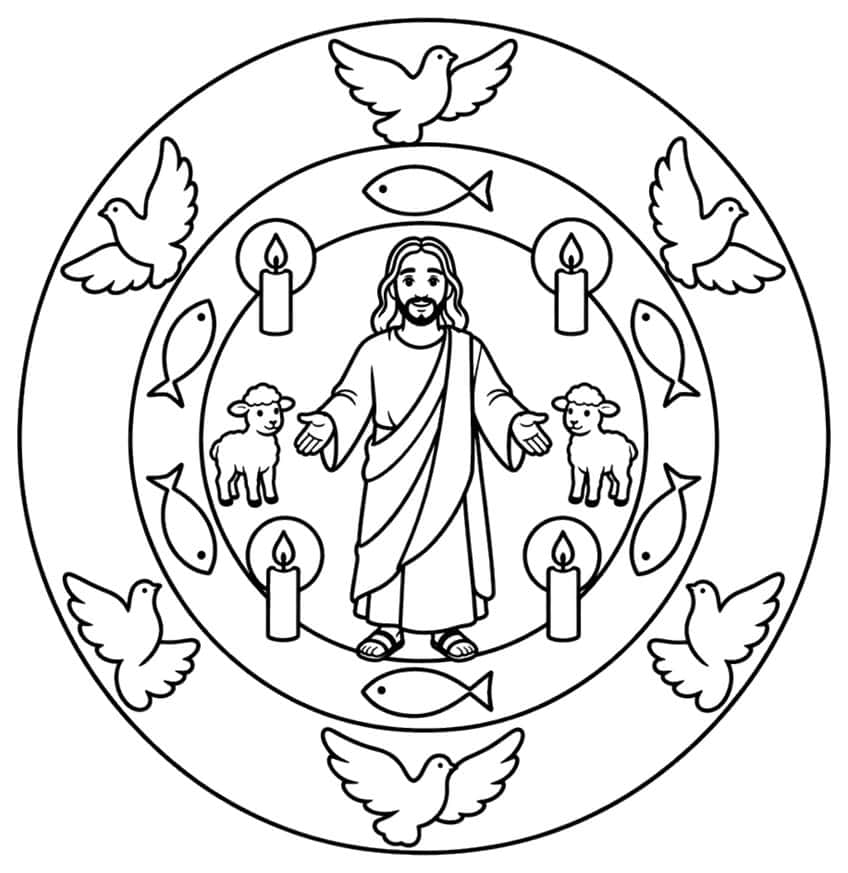 Round mandala with Jesus, two lambs, four candles, fish and six doves in rings