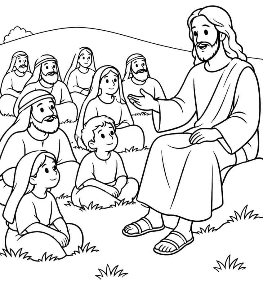 Jesus seated on a rock speaking to eight people sitting on a grassy hillside