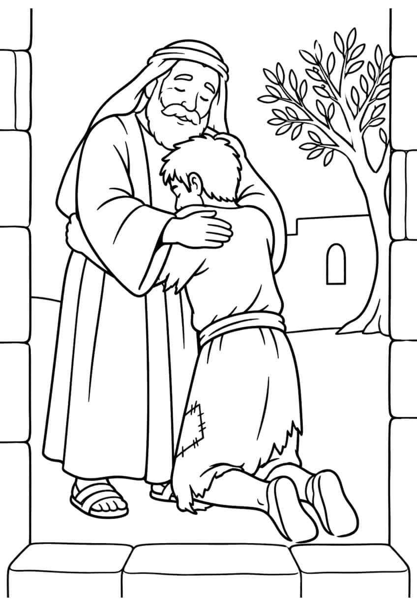 Bearded father hugging a kneeling son in a torn tunic, with olive tree, small house and stone frame