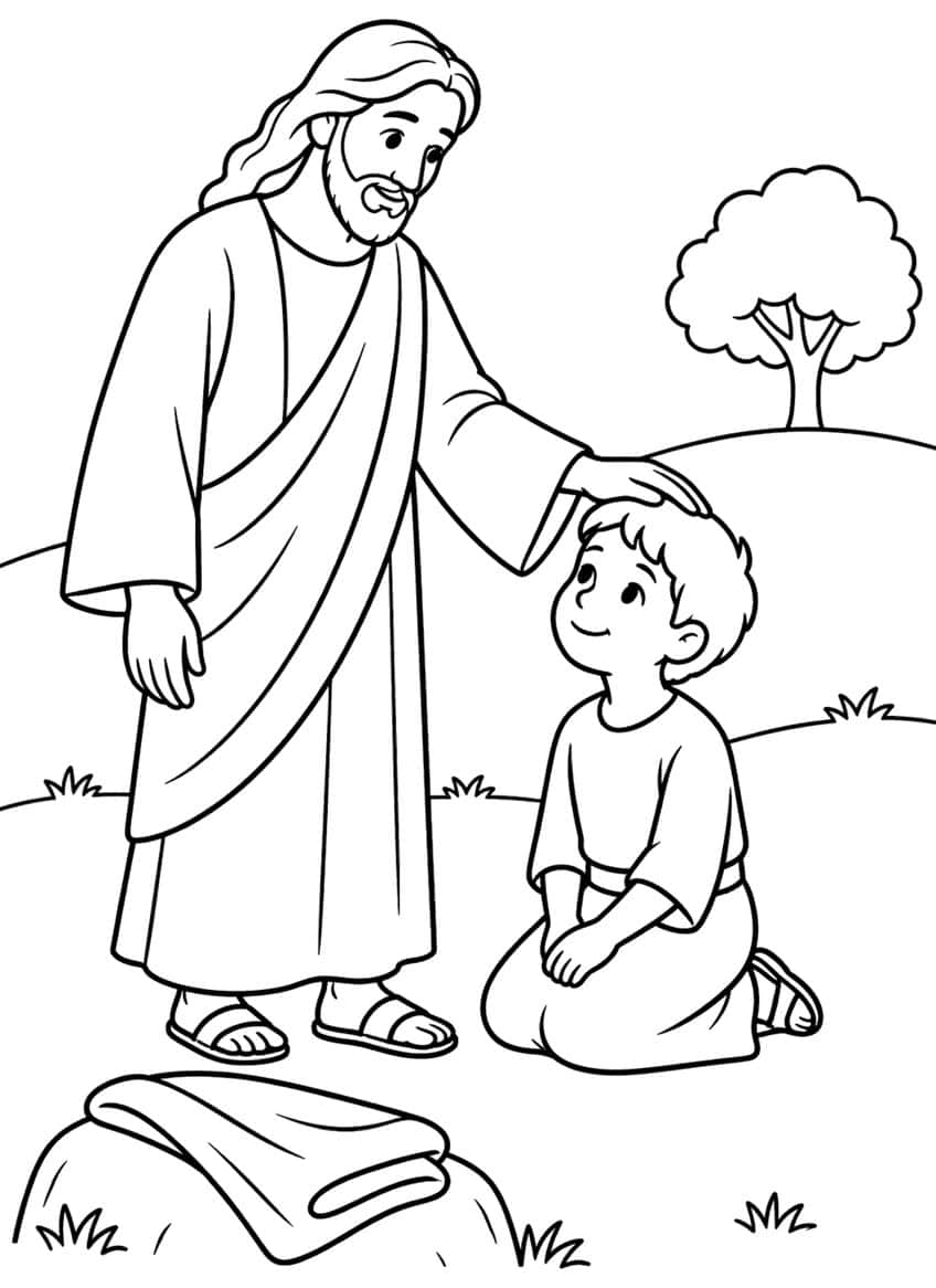 Jesus with hand on a kneeling boy's head, hills, tree, grass tufts and a folded cloth on a rock