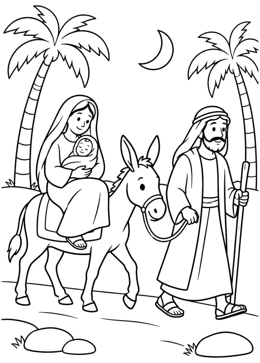 Man leading a donkey carrying a woman and baby, with palm trees and a crescent moon