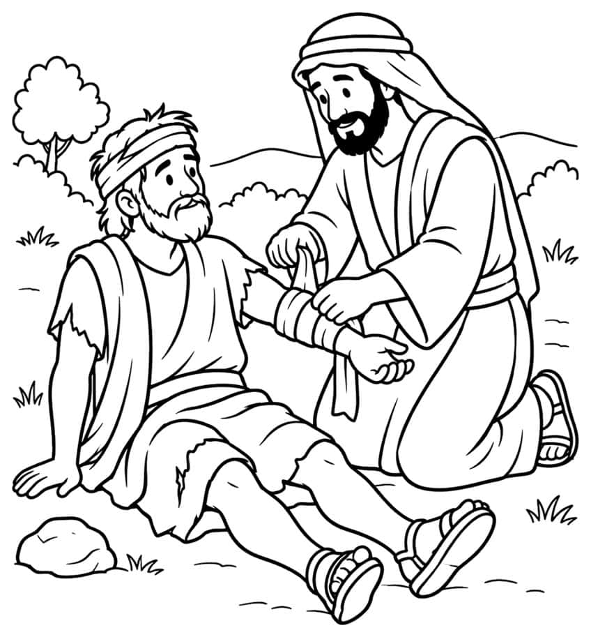 Kneeling man bandaging the arm of a seated injured traveler, with a tree, bushes and a rock