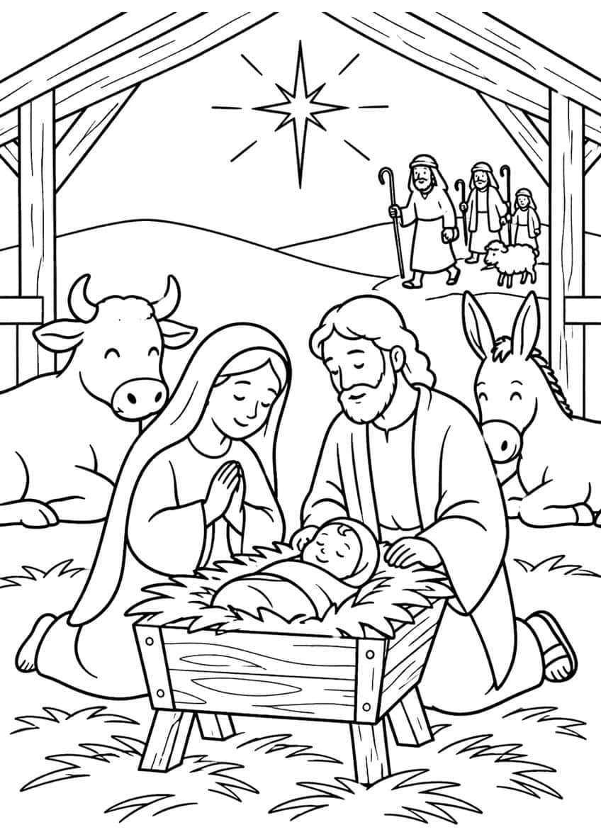 Nativity scene with Mary, Joseph, baby in manger, ox, donkey, star and three shepherds with a lamb