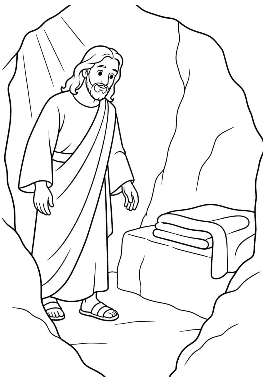 Bearded Jesus in robe and sandals beside a stone slab with folded cloths inside a rocky cave