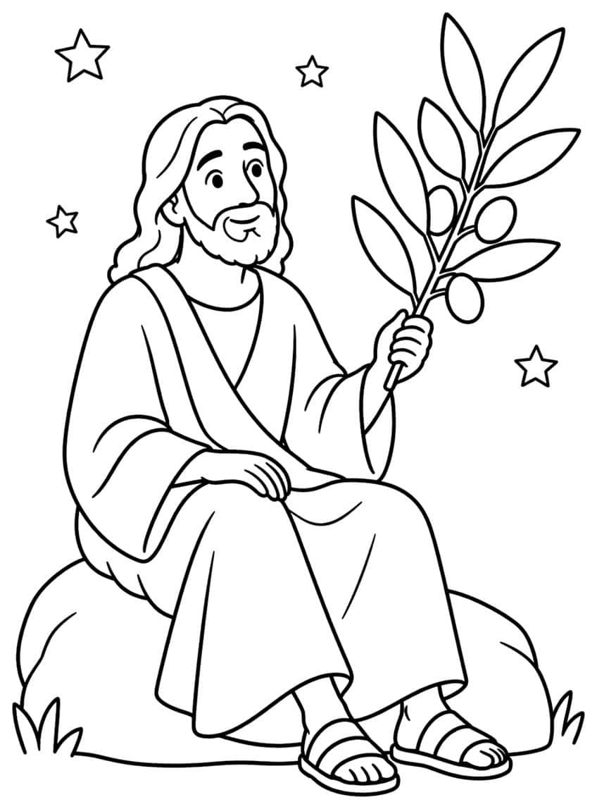 Smiling Jesus seated on a rock holding an olive branch, with stars and grass