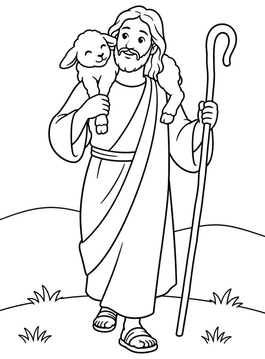 Robed shepherd with a smiling lamb on his shoulders, holding a staff on grassy hills