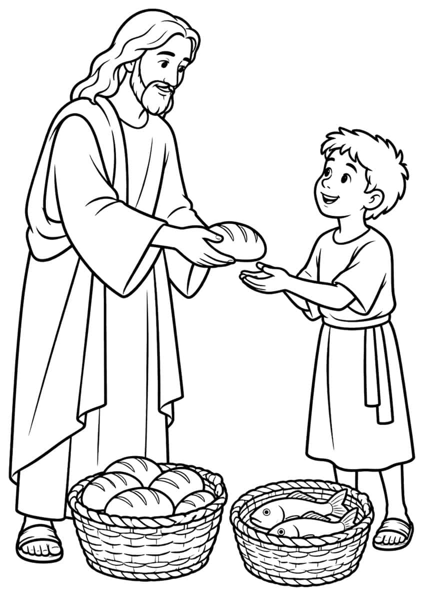 Jesus giving a bread loaf to a smiling boy, with baskets of loaves and fish