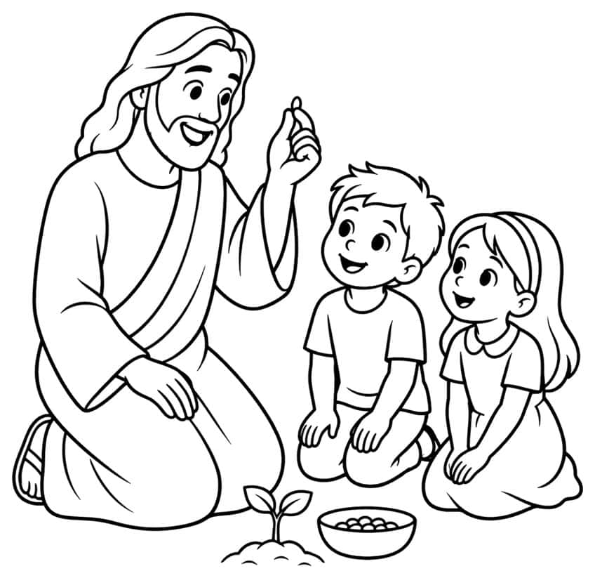 Kneeling Jesus holding up a seed, a boy and girl watching, a seedling and a bowl of seeds