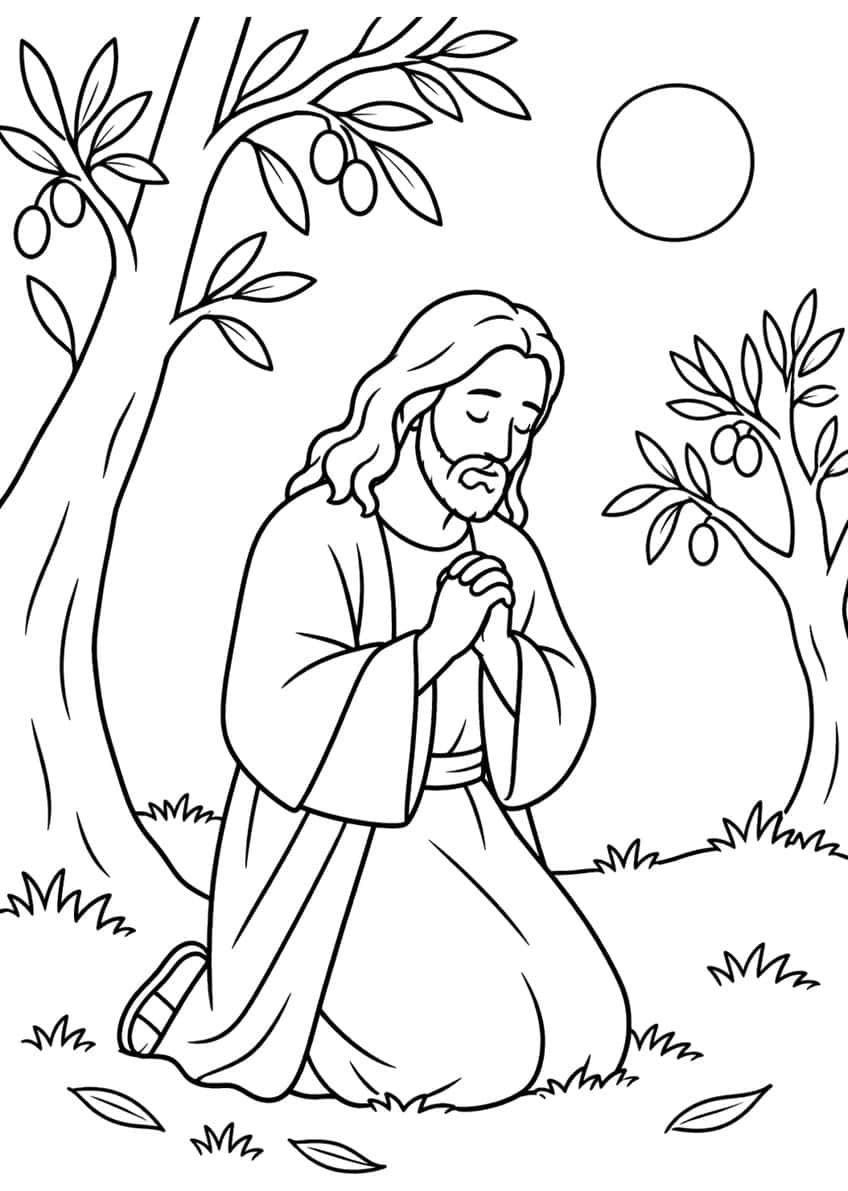 Jesus kneeling in prayer between two olive trees with olives, a round moon, grass tufts and fallen leaves