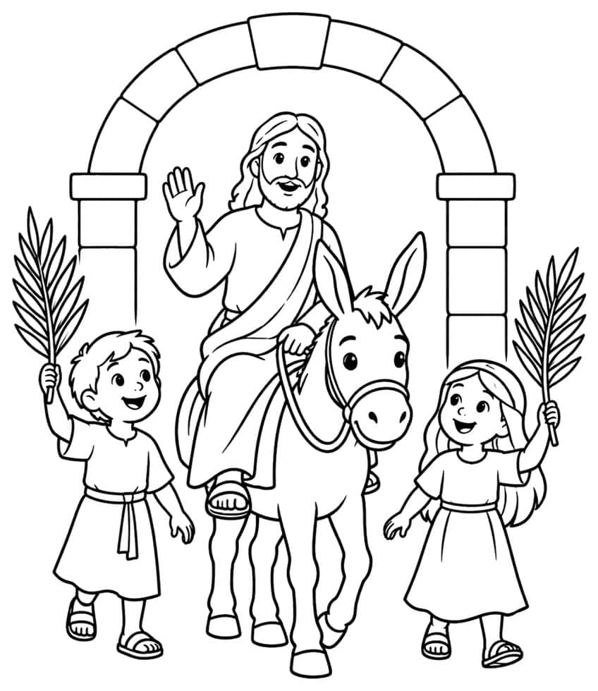 Waving Jesus on a donkey under a stone arch, with a boy and girl holding palm branches