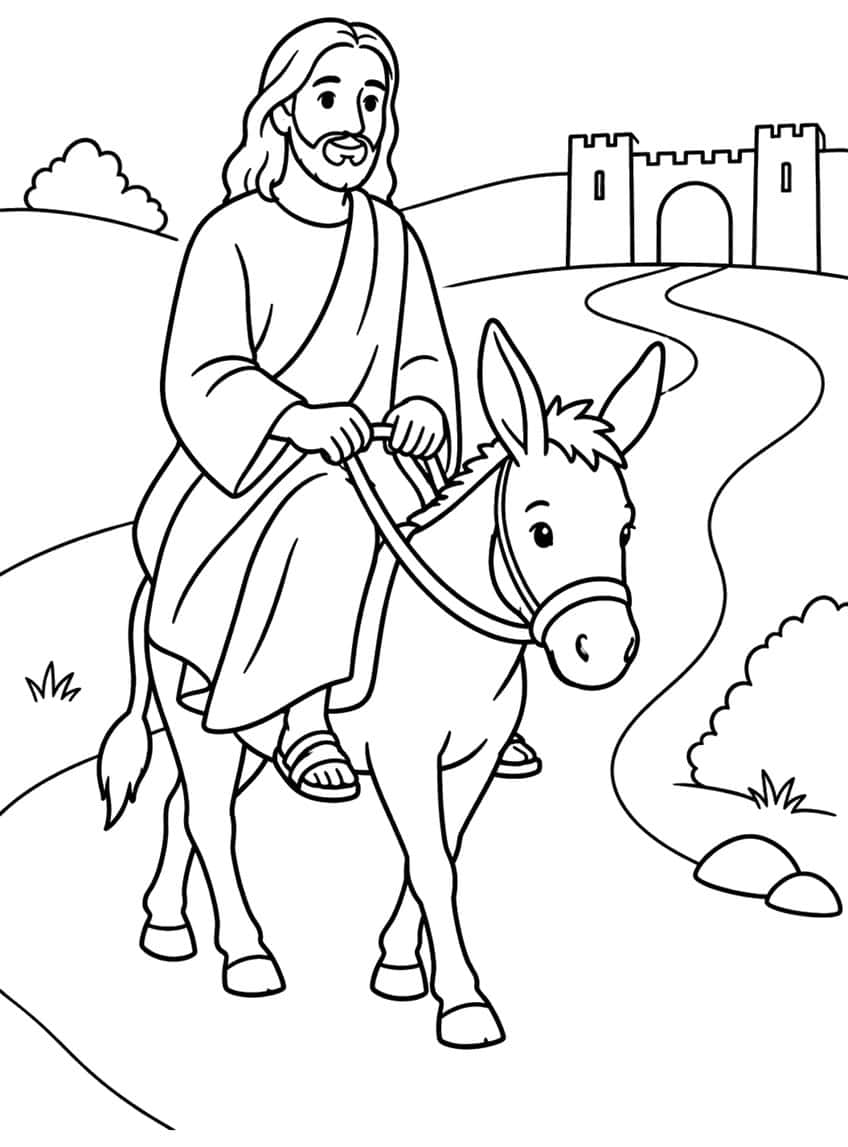 Jesus riding a donkey along a winding path toward a city gate with two towers, with bushes and grass