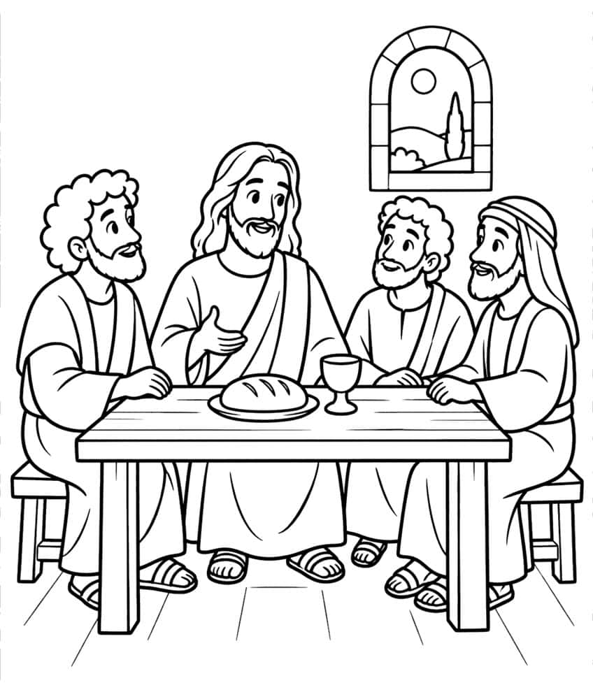 Jesus and three men seated at a wooden table with bread and a cup, arched window behind