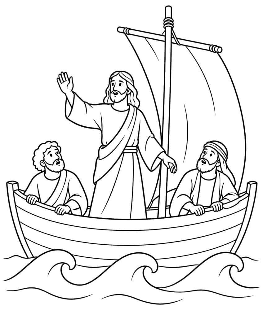 Jesus standing in a boat with hand raised, two men, mast, sail and waves