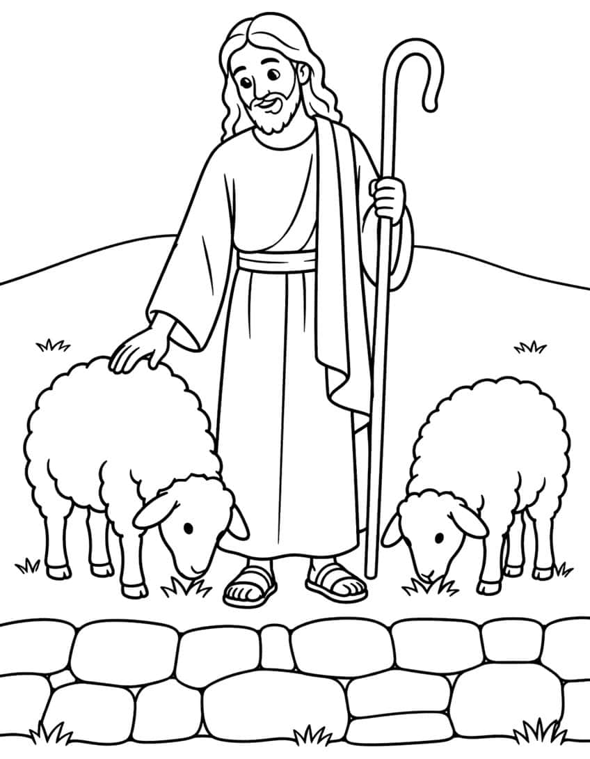 Bearded Jesus in a robe with a shepherd's staff, two grazing sheep, a hill and a stone wall