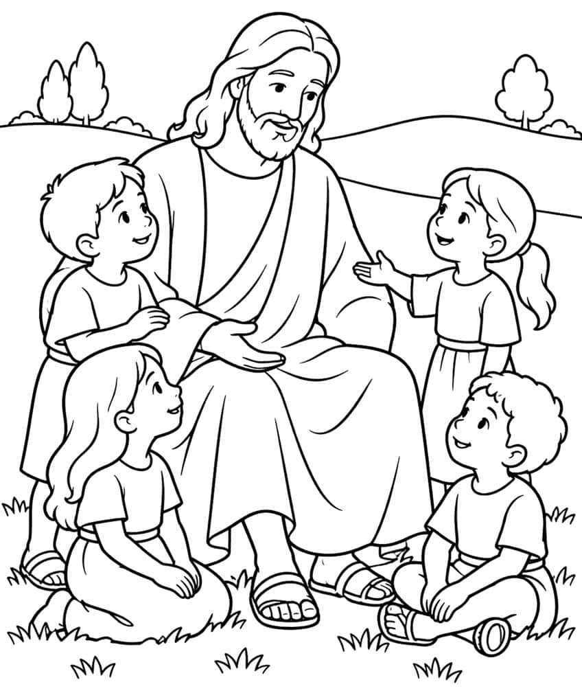 Seated robed Jesus with four smiling children on grass, hills and trees behind