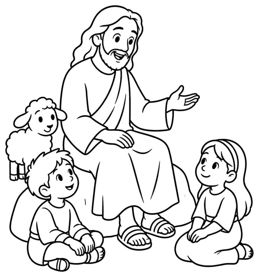 Smiling bearded Jesus seated on a rock with a boy, a girl with a headband and a lamb