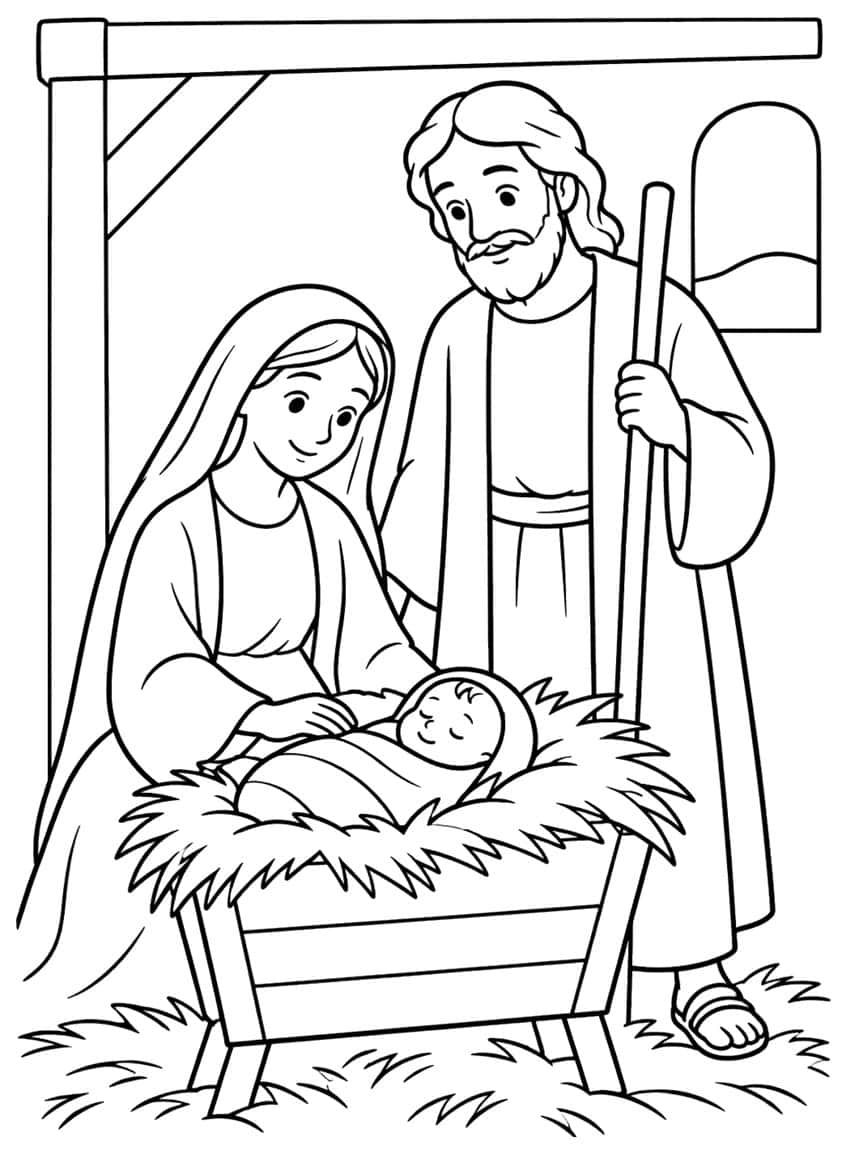 Nativity: seated woman, bearded man with staff, and a swaddled baby asleep in a straw-filled manger