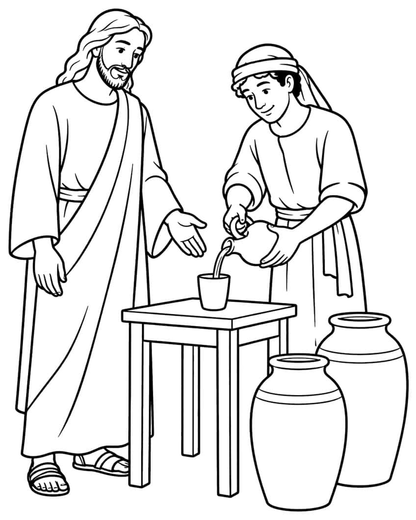 Jesus and a servant pouring from a jug into a cup on a stool, with two large jars