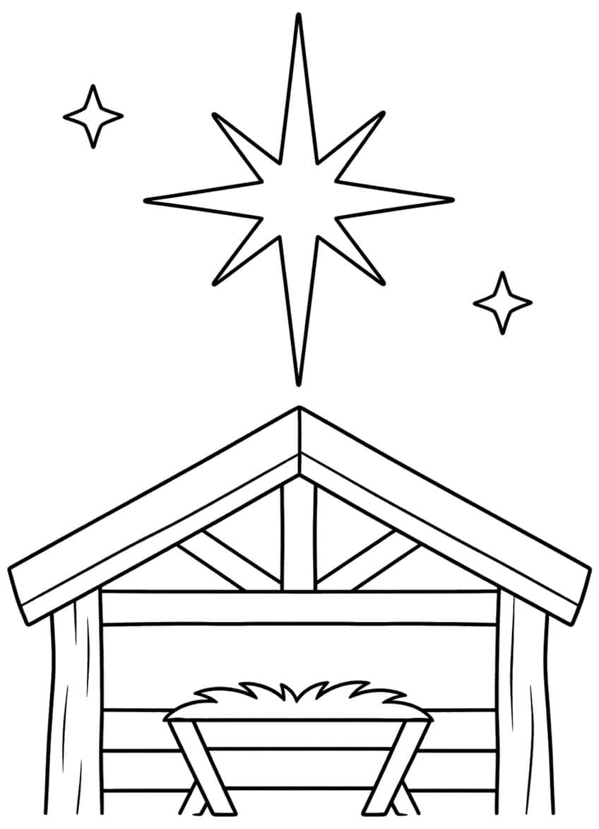 Large star with two small stars above a wooden stable and an empty hay manger