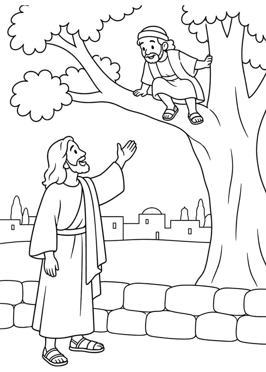 Jesus reaching up toward a man in a sycamore tree, with a stone wall and town behind